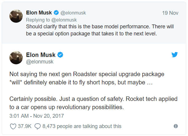 Elon Musk在twitter上透露Tesla Roadster將可搭配SpaceX，也就是類似火箭推進器的套件