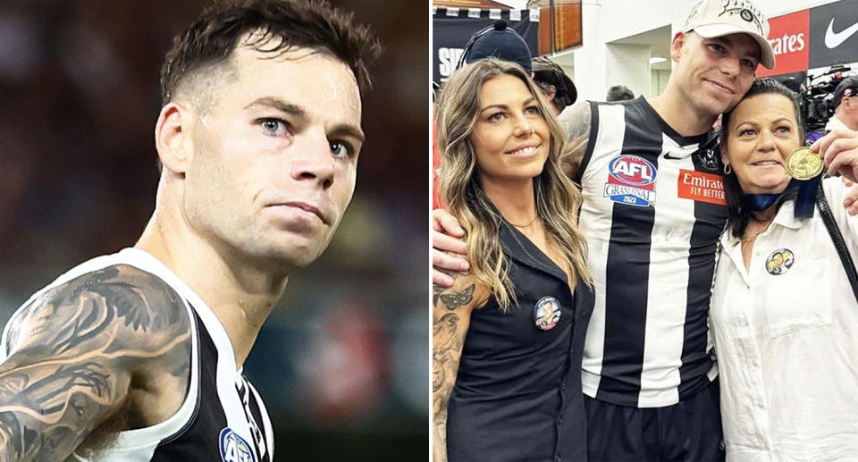 Jamie Elliott, pictured here with his sister and mum after the AFL grand final in 2023.