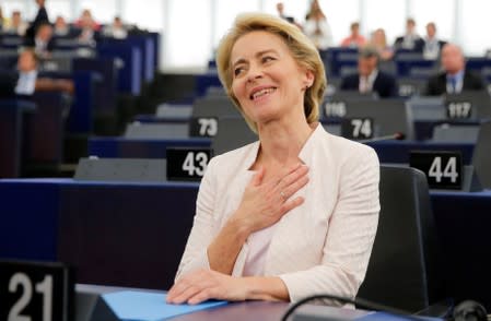 Elected European Commission President Ursula von der Leyen reacts after a vote on her election at the European Parliament in Strasbourg