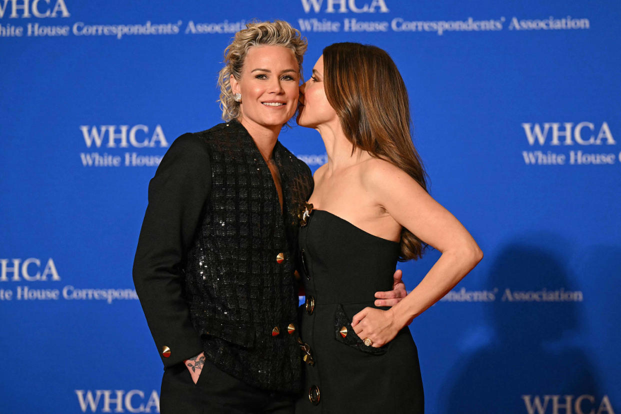 Ashlyn Harris and Sophia Bush arrive for the White House Correspondents' Association dinner on April 27, 2024.  (Drew Angerer / AFP via Getty Images)