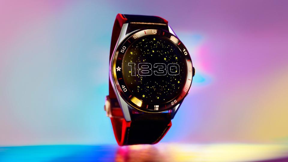 <p>Tag Heuer Connected Limited Edition Super Mario with a red-and-black strap. The watch face features the numbers 1830 in retro font, against a background of stars.</p>
