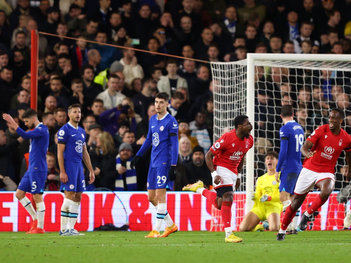 Serge Aurier celebrates scoring Nottingham Forest’s equaliser in a 1-1 draw with Chelsea (Getty Images)