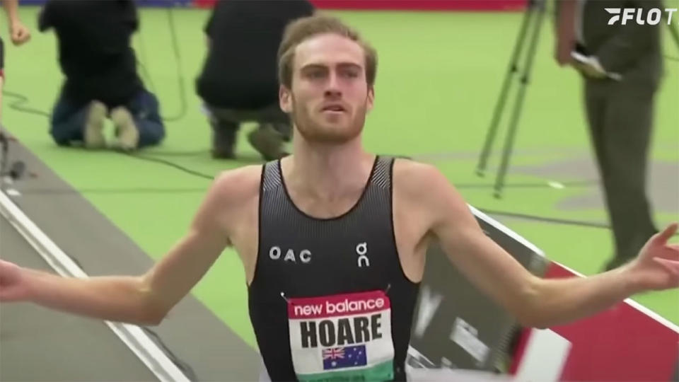 Seen here, Oliver Hoare celebrates his incredible indoor 1500m win.