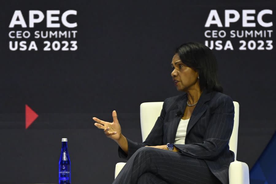 Former US Secretary of State, Condoleezza Rice, speaks during the “APEC and the World: Global Dynamics, Regional Impacts” conversation in San Francisco on November 15, 2023. (Photo by ANDREW CABALLERO-REYNOLDS/AFP via Getty Images)