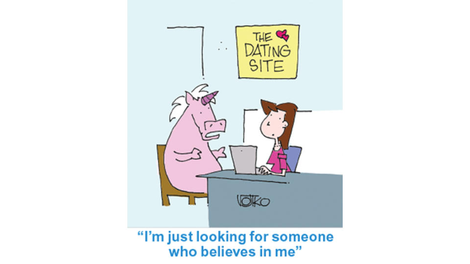 Cartoon of unicorn at dating site with caption, 