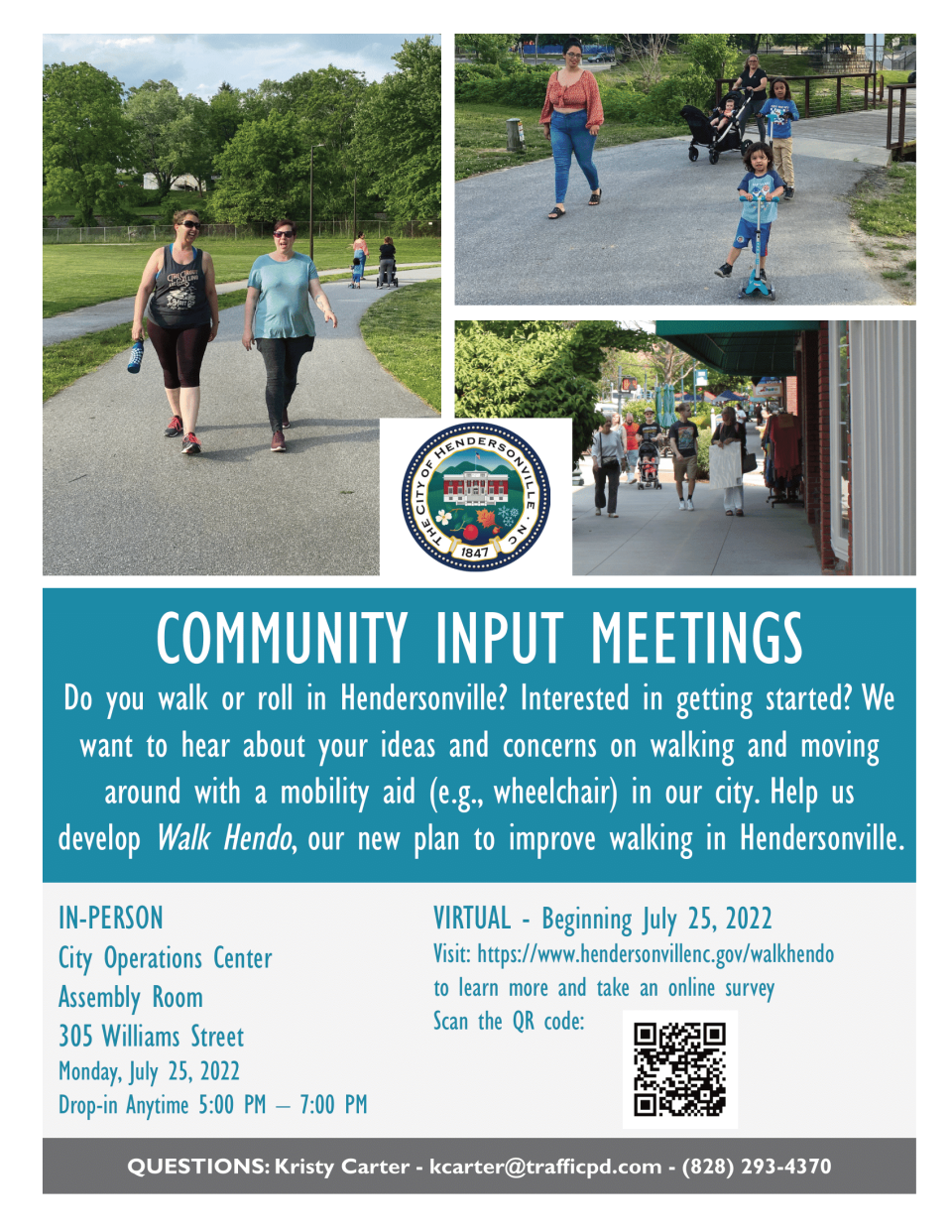 A flyer for the City of Hendersonville's 'Walk Hendo' initiative, which seeks community feedback on the walkability of Hendersonville.