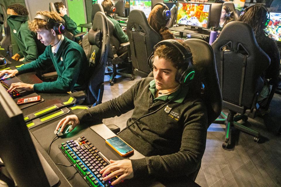 Students play video games during the Game Concepts class at Saint Mark's High School's state-of-the-art esports arena in Pike Creek on Friday, Jan. 13, 2023. Game Concepts is offered to juniors and seniors.