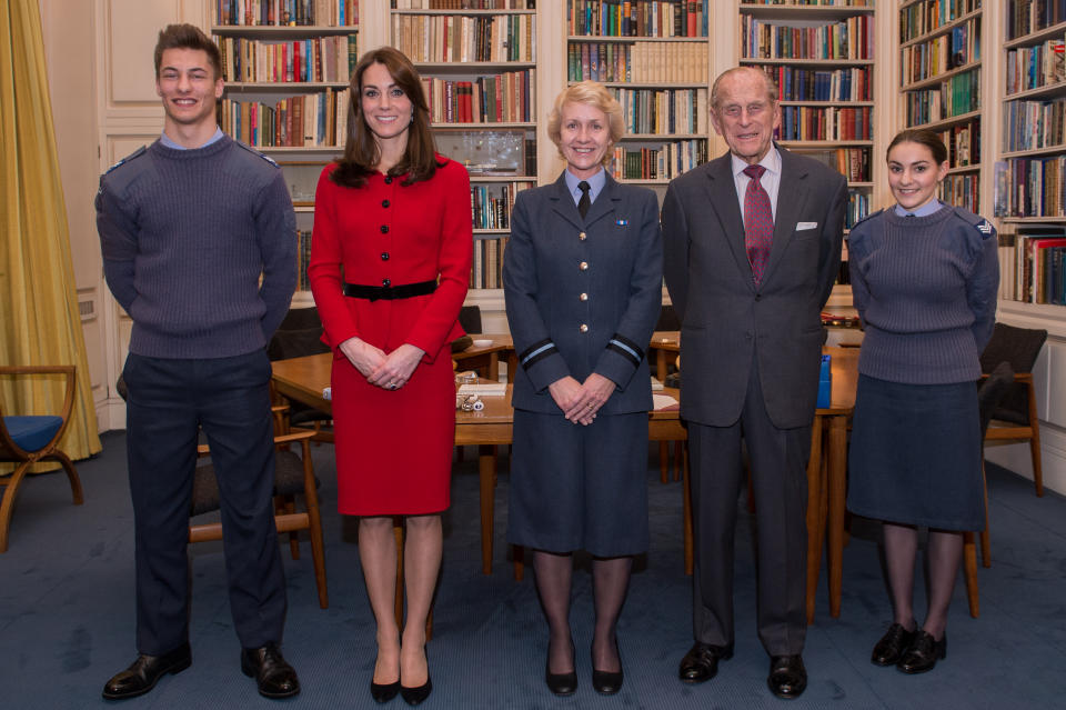 Cadet Sergeant Tommy Dade (far left) and Cadet Sergeant Bronwyn Jacobs (far right) stand with the Duke of Edinburgh (second right) as he meets Air Commodore, Dawn McCafferty, Commandant of the Air Cadet organisation (centre) at Buckingham Palace in London, as he retired from the post of Air Commodore in Chief and on the occasion of the Duchess of Cambridge (second left) becoming Honorary Air Commandant of the Air Cadets.