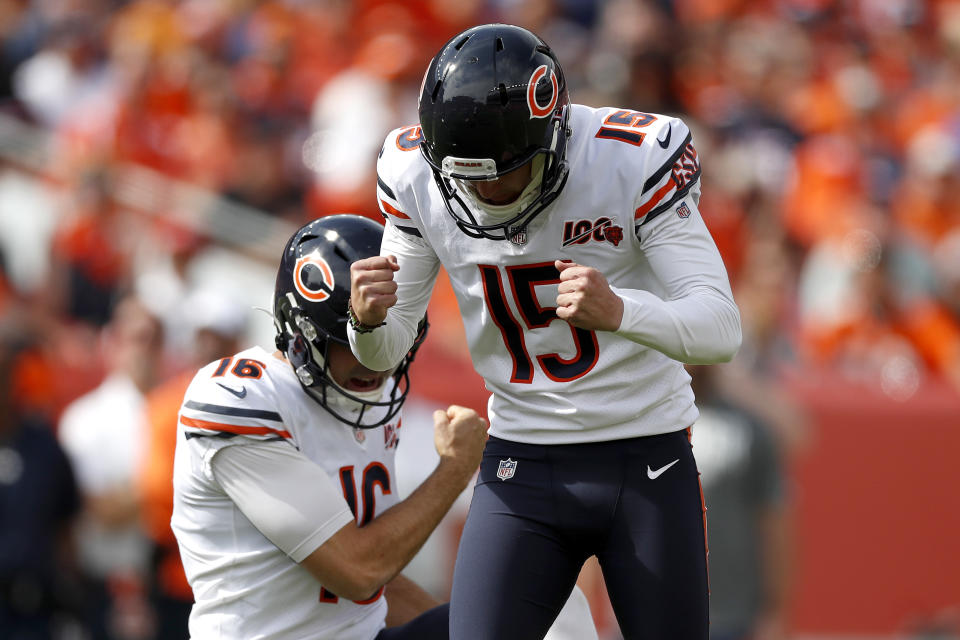 Chicago Bears kicker Eddy Pineiro (15) celebrates his field goal with punter Pat O'Donnell (16) during the first half of an NFL football game against the Denver Broncos, Sunday, Sept. 15, 2019, in Denver. (AP Photo/David Zalubowski)