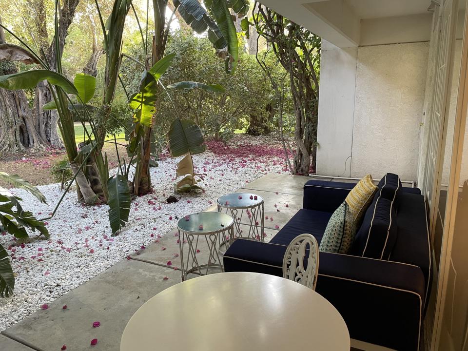 A shot of the outside patio accompanying the guest room at Parker Palm Springs