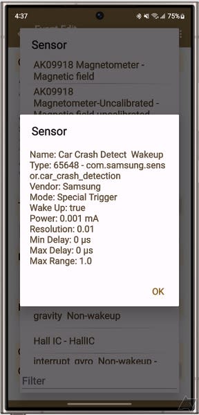 A car crash detection sensor spotted within the Galaxy S24 Ultra.