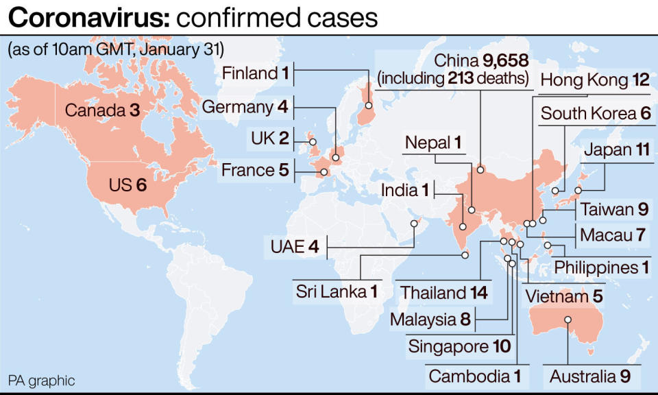 Confirmed cases of coronavirus. (PA Graphics)