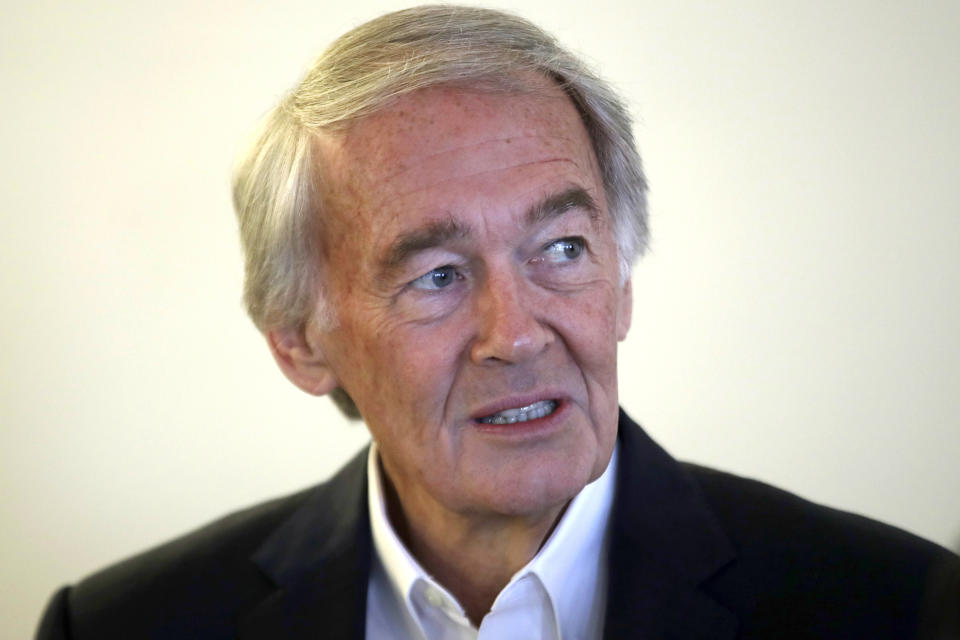 FILE - In this Aug. 26, 2019 file photo, U.S. Sen. Edward Markey, D-Mass., speaks during a news conference in Boston. U.S. Rep. Joseph Kennedy III plans to announce on Saturday, Sept. 21, that he will challenge Markey in the 2020 Democratic primary. (AP Photo/Elise Amendola, File)