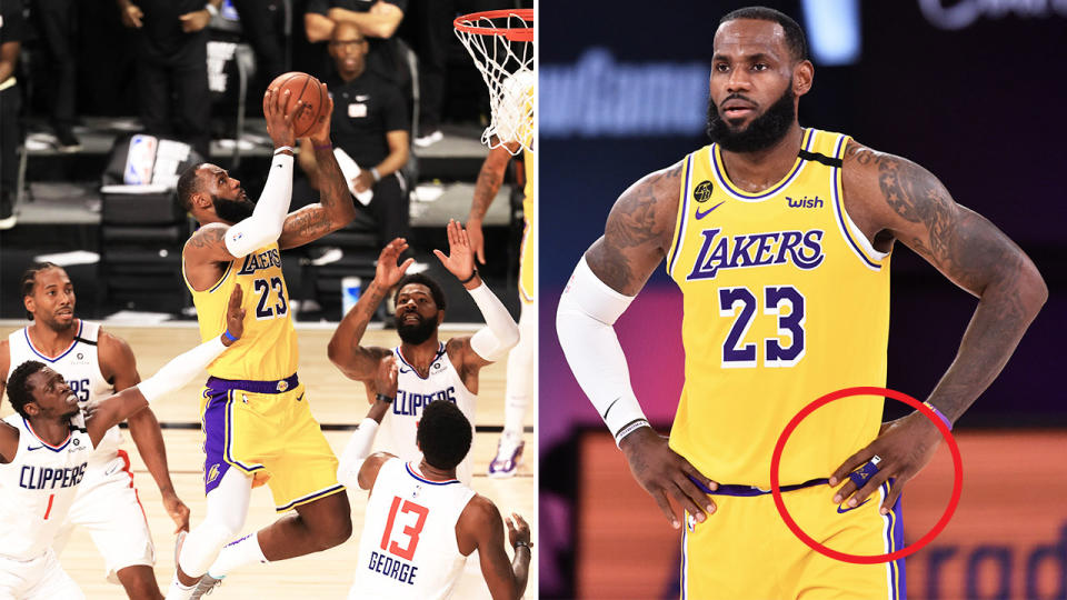 LeBron James (pictured left) soaring through the air hitting the game winner and (pictured right) with a tribute to Kobe Bryant.