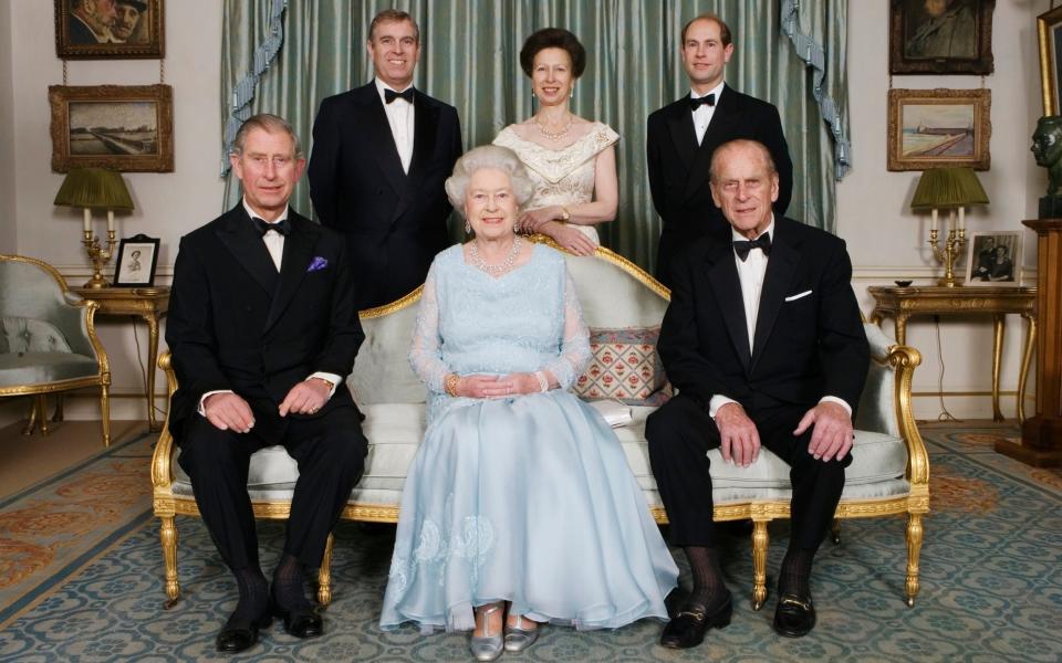 Queen Elizabeth and Prince Philip joined at Clarence House by their immediate family, the Prince of Wales (L), Princess Anne (above C), the Duke of York (TopL) and The Earl of Wessex (TopR)  - Tim Graham /Getty