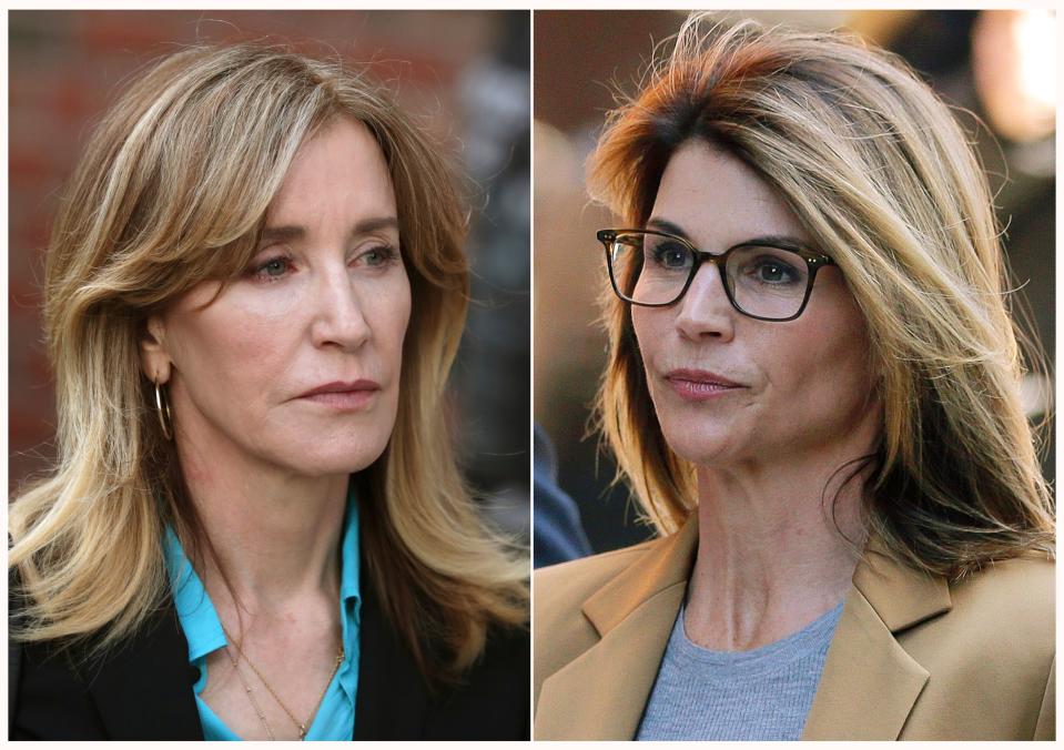 Actresses Felicity Huffman, left, and Lori Loughlin outside of federal court in Boston on April 3, 2019.