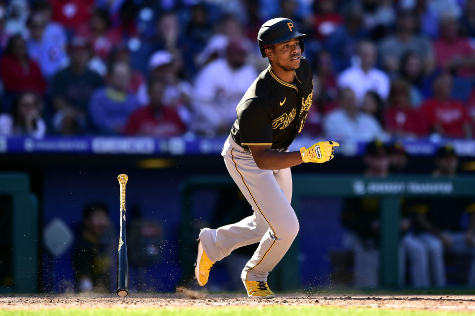 Pittsburgh Pirates' Ke'Bryan Hayes watches his two-run double off Philadelphia Phillies' Jose Alvarado during the seventh inning of a baseball game, Sunday, Sept. 26, 2021, in Philadelphia. (AP Photo/Derik Hamilton)