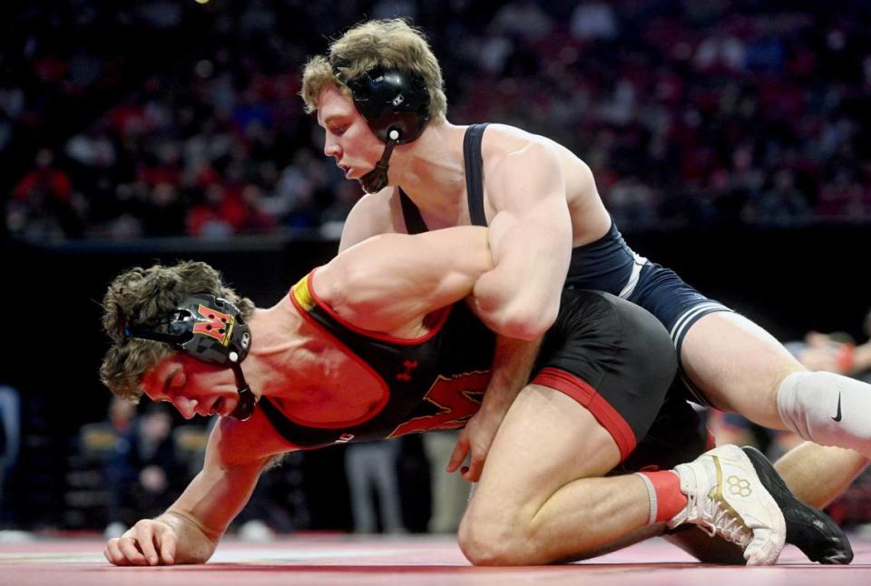 Penn State’s Bernie Truax controls Maryland’s Chase Mielnik in the 184 lb first round match of the Big Ten Wresting Championships at the Xfinity Center at the University of Maryland on Saturday, March 9, 2024. Abby Drey/adrey@centredaily.com