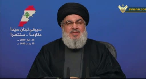 Hezbollah chief leader Hassan Nasrallah (pictured March 2019) slammed the US's decision to designate Iran's Revolutionary Guards a terrorist group