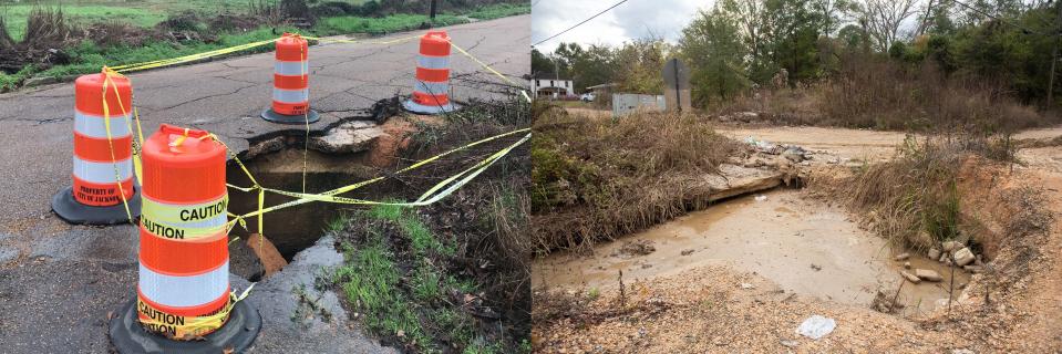 Nearly three years ago, on Jan. 18, 2020, left, traffic barrels surrounded an area at the corner of Hooker and Willow Streets in Jackson, where the blacktop was collapsing into a creek below the street. On Monday, Nov. 20, 2023, right, the barrels are gone, the hole is larger, and there is no throughway on Hooker, just a small mound of dirt pedestrians and cyclists can use to pass.