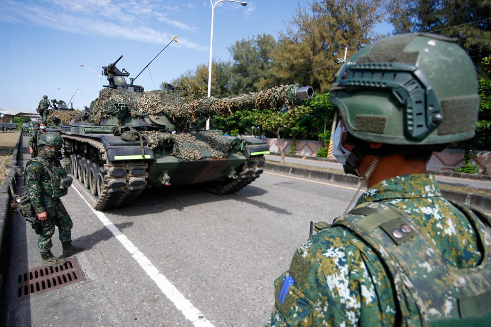 Tanks are deployed during a shore defence operation as part of a military exercise simulating the defence against the intrusion of Chinese military. Source: Getty Images