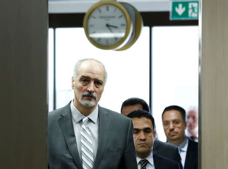 Bashar Al-Ja'afari (L), Syrian chief negotiator and Ambassador of the Permanent Representative Mission of the Syria to UN in New York, arrives for a a meeting with UN Special Envoy for Syria Staffan de Mistura during the Intra Syria talks, at the European headquarters of the United Nations in Geneva, Switzerland March 29, 2017. REUTERS/Denis Balibouse