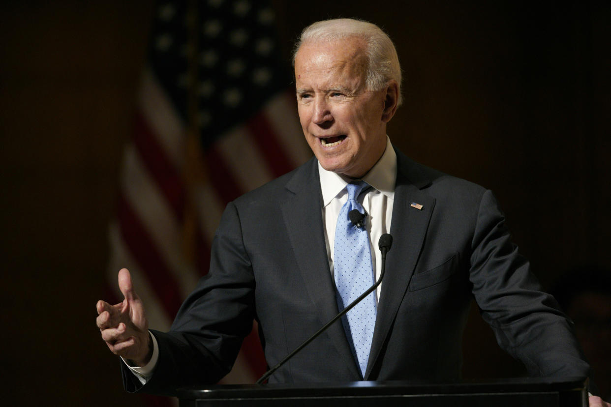 Former Vice President Joe Biden speaks at the Chuck Hagel Forum in Global Leadership on Feb. 28. (Photo: Nati Harnik/AP)