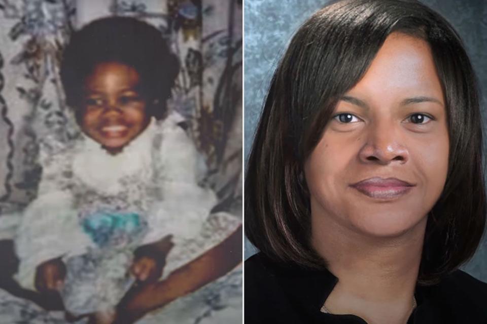 <p>National Center for Missing and Endangered Children</p> Ramona Brown as a child (left) and an age-progressed photo of Brown at 43.