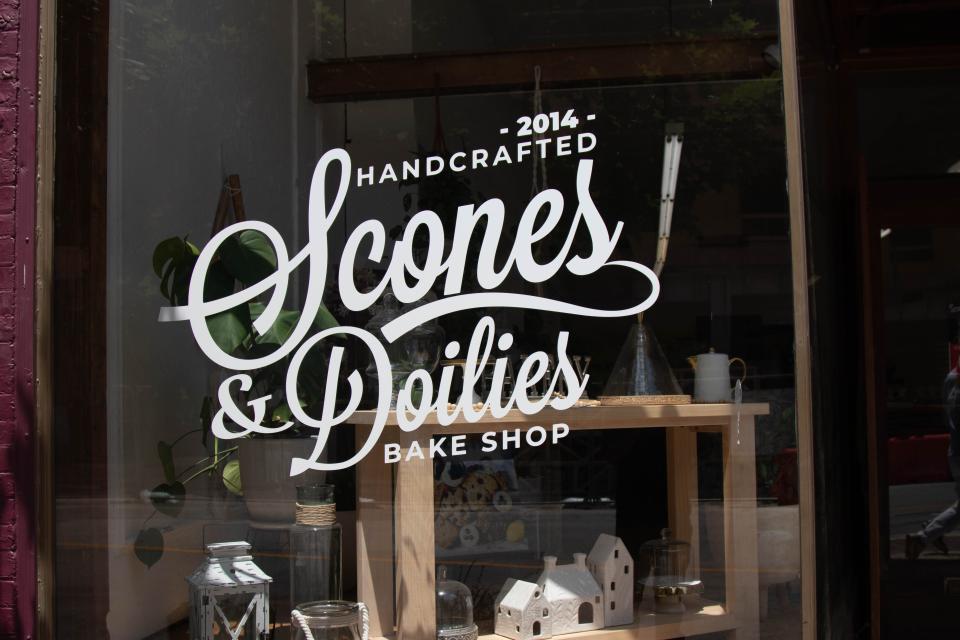 The Scones & Doilies sign on their front window at 632 Main Street, in Lafayette, on June 2, 2022.