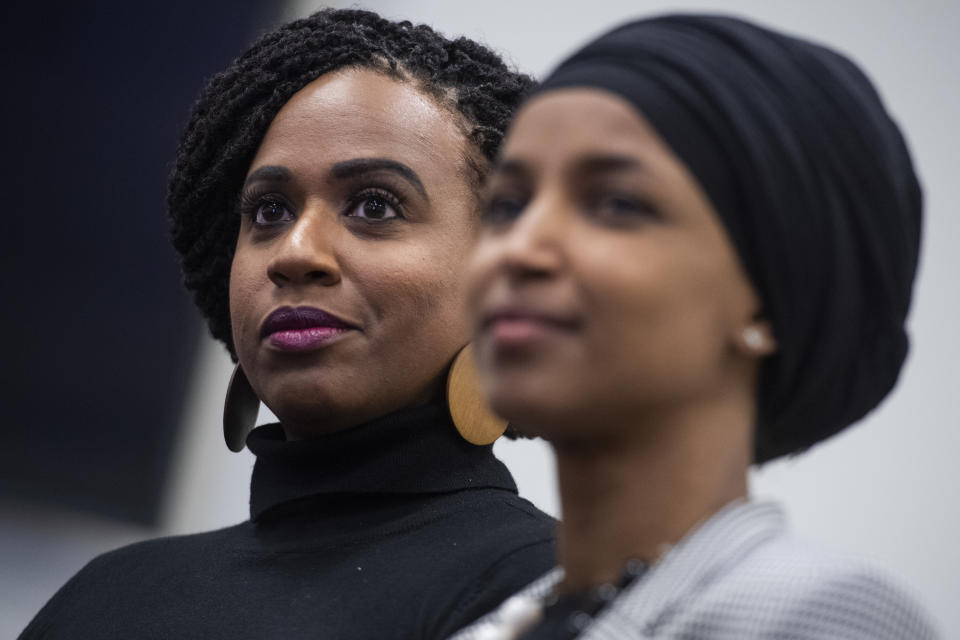 UNITED STATES - DECEMBER 5: Reps. Ilhan Omar, D-Minn., right, and Ayanna Pressley, D-Mass., conduct a news conference in Rayburn Building to introduce legislation that would address disciplinary practices that discriminate against students of color on Thursday, December 5, 2019. (Photo By Tom Williams/CQ-Roll Call, Inc via Getty Images)