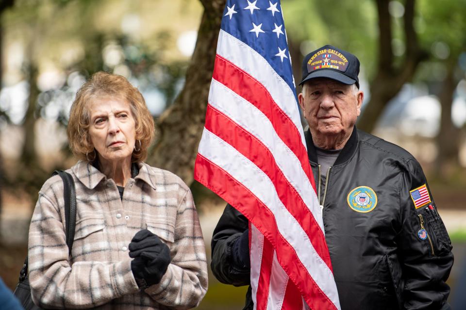 Jack Frauendiener, who served in Vietnam with the U.S. Coast Guard, and his wife, Cori, attend the groundbreaking for the Vietnam War Memorial at the Oregon State Capitol on Friday.