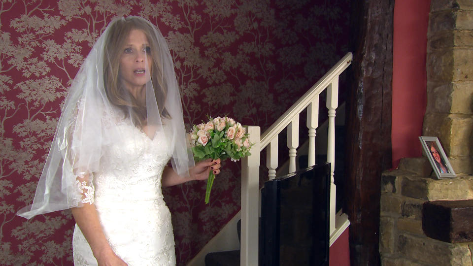 
FROM ITV

STRICT EMBARGO 
Print media - No Use Before Tuesday 8th June 2021
Online Media - No Use Before 0700hrs  Tuesday 8th June 2021

Emmerdale - Ep 907576

Thursday 17th June 2021

On her wedding day, Leyla HardingÕs [ROXY SHAHIDI] horror struck to find Bernice Blackstock [SAMANTHA GILES] wearing a wedding dress. 

Picture contact David.crook@itv.com 

This photograph is (C) ITV Plc and can only be reproduced for editorial purposes directly in connection with the programme or event mentioned above, or ITV plc. Once made available by ITV plc Picture Desk, this photograph can be reproduced once only up until the transmission [TX] date and no reproduction fee will be charged. Any subsequent usage may incur a fee. This photograph must not be manipulated [excluding basic cropping] in a manner which alters the visual appearance of the person photographed deemed detrimental or inappropriate by ITV plc Picture Desk. This photograph must not be syndicated to any other company, publication or website, or permanently archived, without the express written permission of ITV Picture Desk. Full Terms and conditions are available on  www.itv.com/presscentre/itvpictures/terms