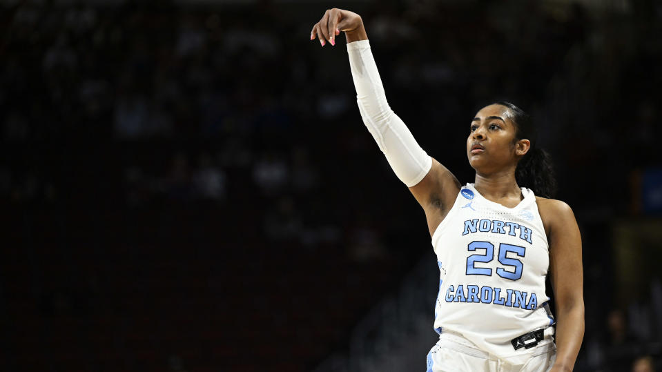 COLUMBIA, SOUTH CAROLINA - MARCH 22: Deja Kelly #25 of the North Carolina Tar Heels attempts a three-point basket against the Michigan State Spartans in the first quarter during the first round of the NCAA Women’s Basketball Tournament at Colonial Life Arena on March 22, 2024 in Columbia, South Carolina. (Photo by Eakin Howard/Getty Images)