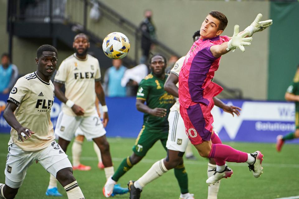 Sept. 19:  Los Angeles FC goalkeeper Tomas Romero guards the goal during the second half against the Portland Timbers at Providence Park. The Timbers won, 2-1.