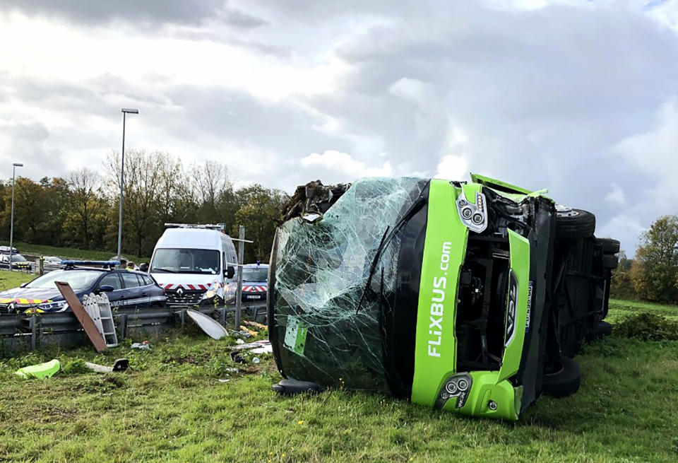 A picture taken on November 3, 2019 shows the site of an accident after a bus from the Flixbus company overturned as it took an exit from the A1 motorway, injuring 29 passengers and seriously wounding 4, near Berny-en-Santerre, northern France. (Photo by FRANCOIS LO PRESTI / AFP) (Photo by FRANCOIS LO PRESTI/AFP via Getty Images)