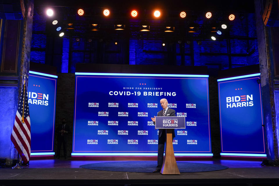 Democratic presidential candidate former Vice President Joe Biden speaks after participating in a coronavirus vaccine briefing with public health experts, Wednesday, Sept. 16, 2020, in Wilmington, Del. (AP Photo/Patrick Semansky)