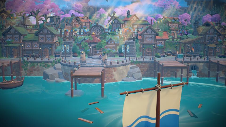 Fae Farm - a view of a magical seaside town with docks and shops