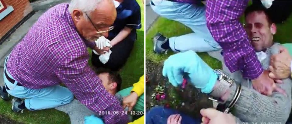 Peter Mueller, 70, Adly Gorrafa, 81, and Sheila Gorrafa, 78 tackled the burglar to the ground and held his face on the floor until police arrived. Photo: Derbyshire Police