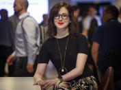 In this Aug. 22, 2019, photo Liz O'Sullivan, technology director at Surveillance Technology Oversight Project (S.T.O.P.), poses for a photo in New York. O’Sullivan, considers herself part of a “growing backlash against unethical tech,” a groundswell in the past two years in which U.S. tech employees have tried to remake the industry from the inside out, pushing for more control over how their work is used and urging better conditions, job security and wages for affiliated workers. (AP Photo/Bebeto Matthews)