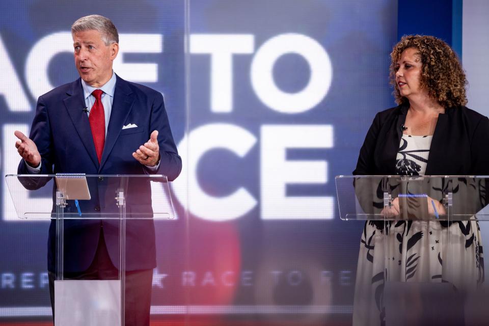 Bruce Hough and Celeste Maloy take part in a televised debate at KSL-TV in Salt Lake City on Tuesday, Aug. 15, 2023. The two are running in the GOP primary to replace Rep. Chris Stewart in Utah’s 2nd Congressional District. | Spenser Heaps, Deseret News