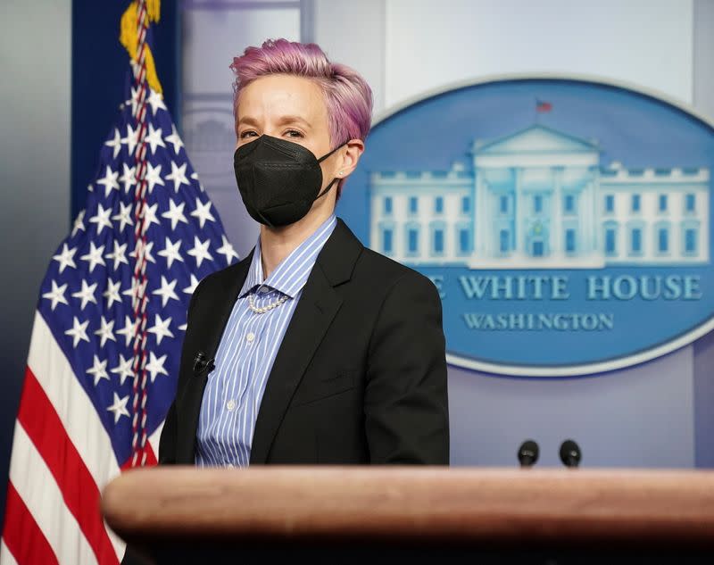 U.S. Women’s National Soccer Team players Rapinoe and Purce visit press briefing room at the White House in Washington