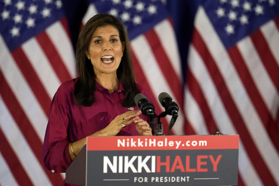 Republican presidential candidate former UN Ambassador Nikki Haley speaks at a caucus night party at the Marriott Hotel in West Des Moines, Iowa, Monday, Jan. 15, 2024. (AP Photo/Abbie Parr)