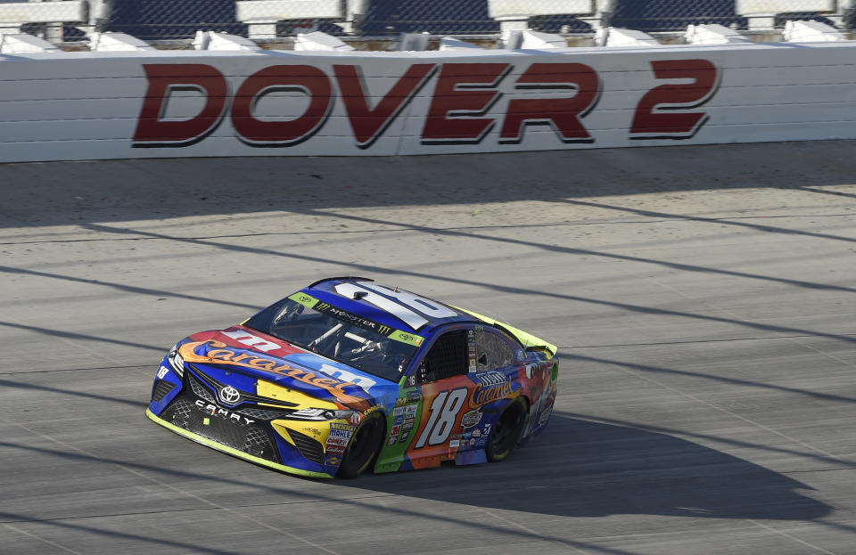 Kyle Busch competes during the NASCAR Cup Series auto race, Sunday, Oct. 1, 2017, at Dover International Speedway in Dover, Del. (AP Photo/Nick Wass)