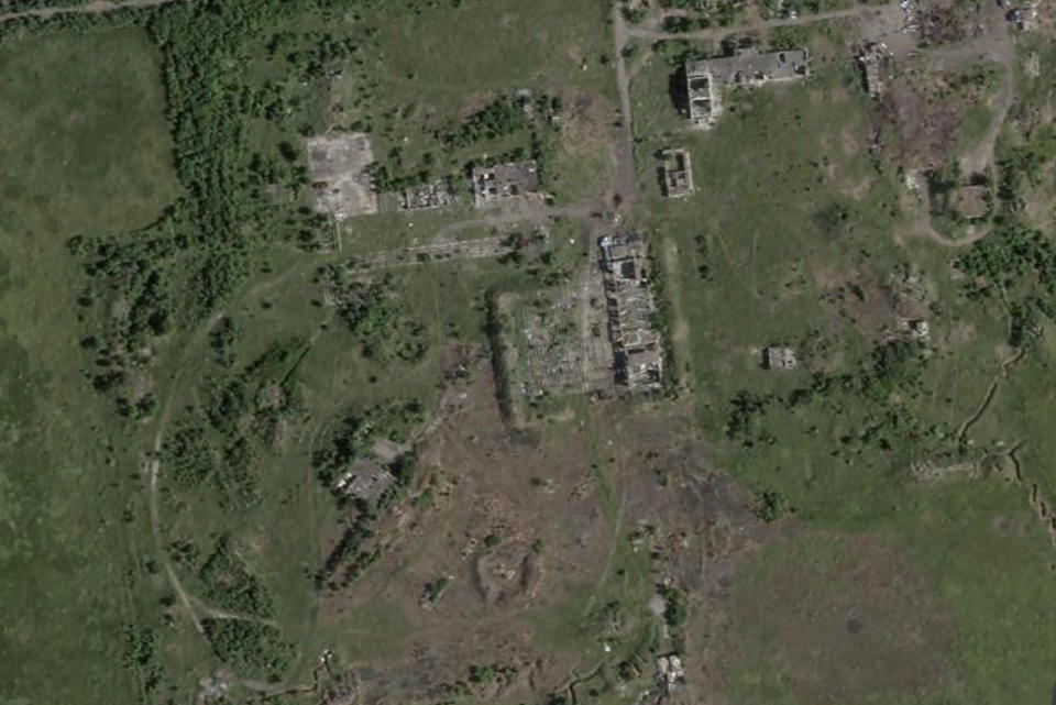 This satellite image from July 13, 2022 shows the Ukrainian "Zenith" position in Avdiivka, Ukraine. The loss of the city of Avdiivka in February, 2024 marked the end of a long, exhausting defense for the Ukrainian military. One brigade had defended the same block of buildings for months without a break. (Planet Labs via AP)