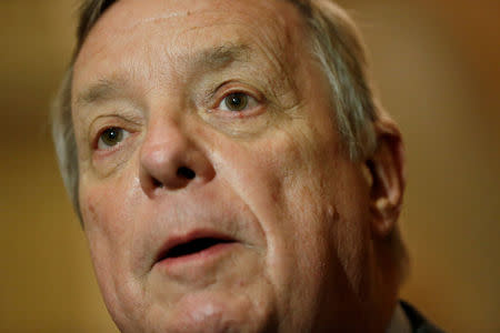 U.S. Senator Dick Durbin (D-IL) delivers remarks to reporters after the weekly Democratic Party caucus luncheon at the U.S. Capitol in Washington, U.S., January 17, 2018. REUTERS/Jonathan Ernst
