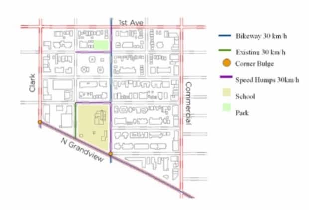 New slow-zone in the East Vancouver neighbourhood of Grandview-Woodland where the speed limit will be 30 km/h.