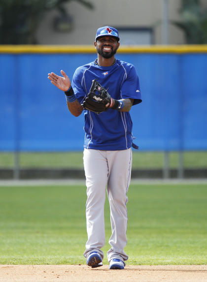 Mar 1, 2015; Dunedin, FL, USA; Toronto Blue Jays shortstop Jose Reyes (7) smiles during spring training workouts at Bobby Mattick Training Center. (Kim Klement-USA TODAY Sports)