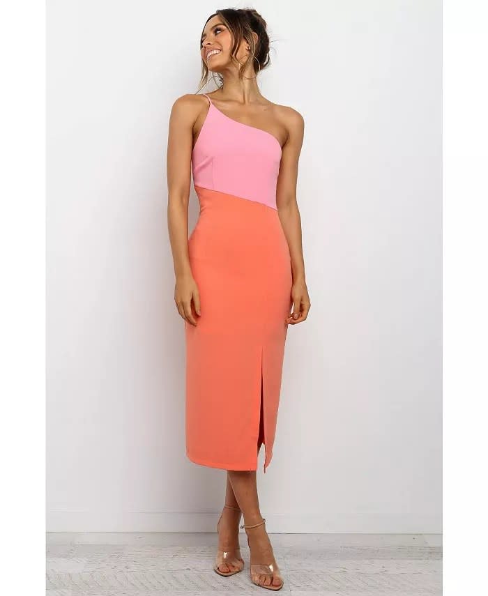 model wearing pink and orange one-strap dress