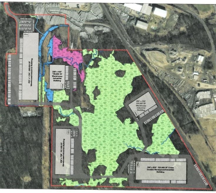 The first building proposed at Macedonia Empire LLC’s industrial development south of Highland Road is shown at upper left on the site of the former Bedford Anodizing. Future buildings are indicated by the gray rectangles.