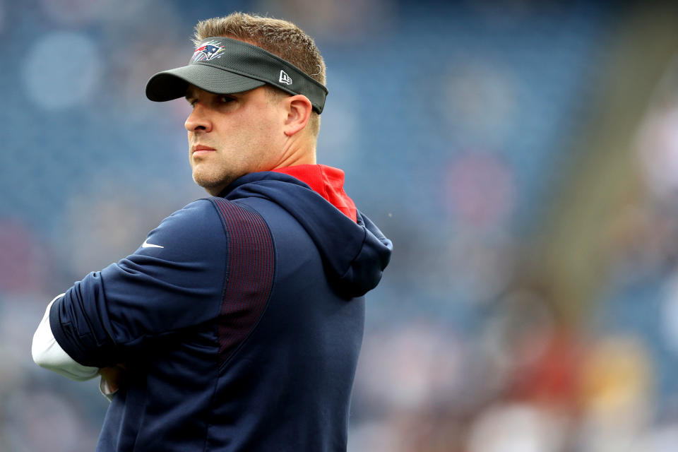 New England Patriots offensive coordinator Josh McDaniels looks on before the game against the Dallas Cowboys at Gillette Stadium on October 17, 2021 in Foxborough, Massachusetts. (Photo by Maddie Meyer/Getty Images)